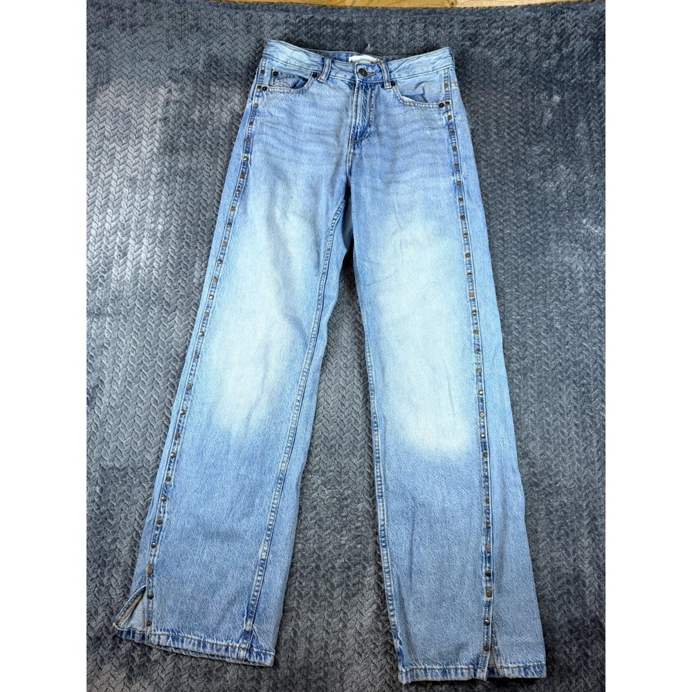 Stradivarius Jeans Womens 4 Blue Whiskered Loose Fit Side Studded Streetwear